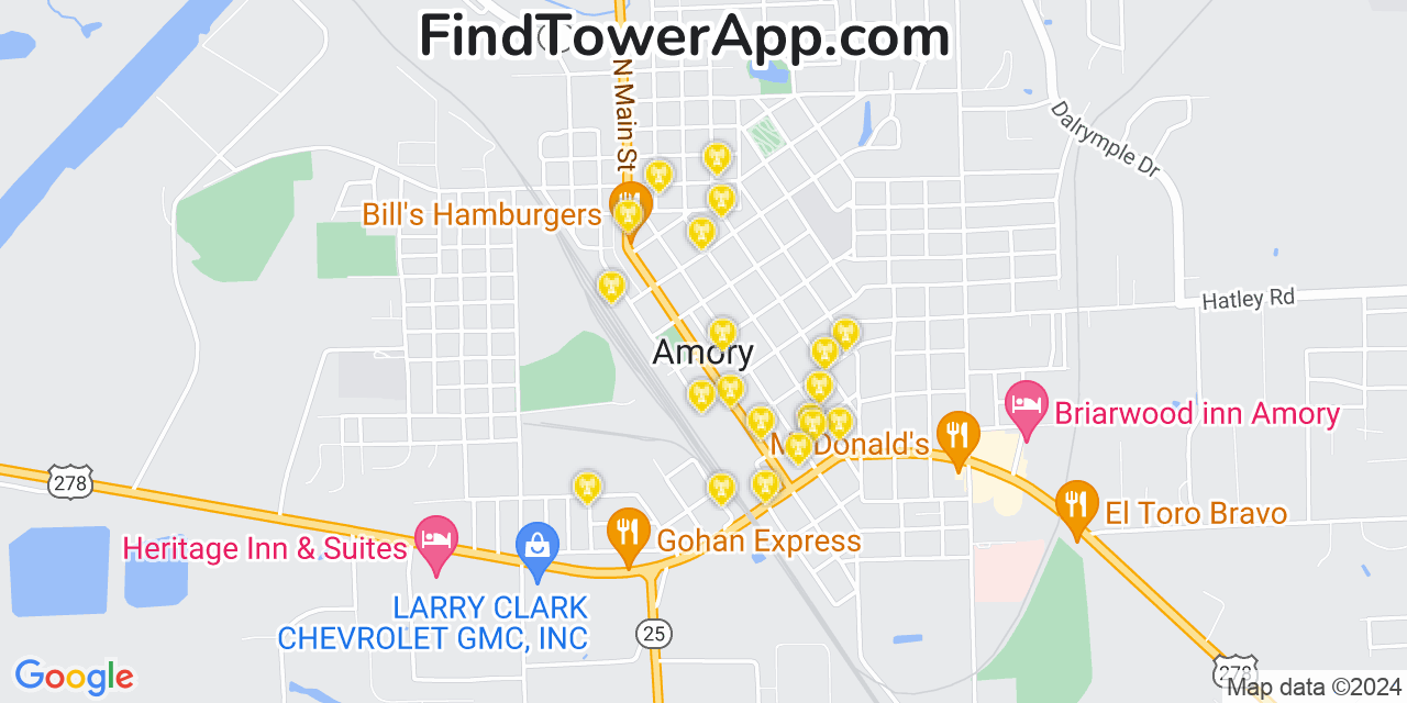 AT&T 4G/5G cell tower coverage map Amory, Mississippi