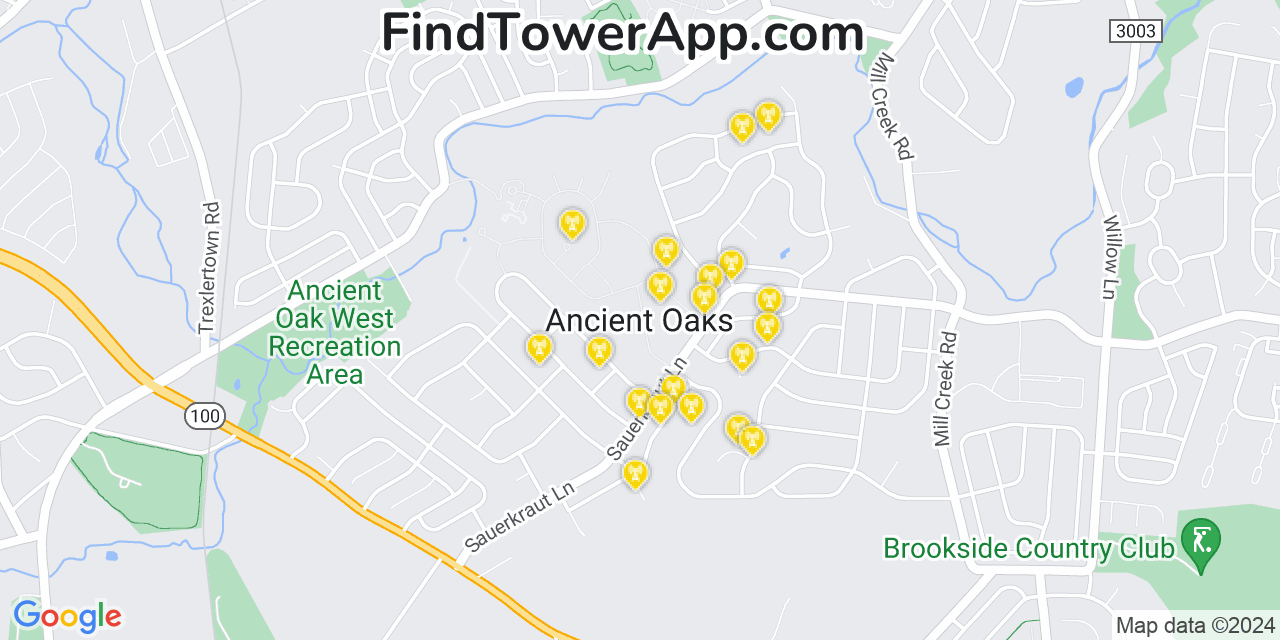 AT&T 4G/5G cell tower coverage map Ancient Oaks, Pennsylvania