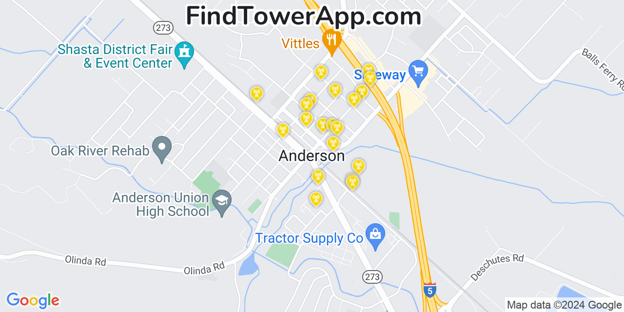 AT&T 4G/5G cell tower coverage map Anderson, California