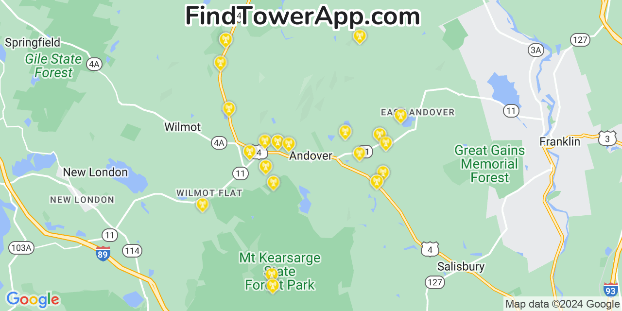 AT&T 4G/5G cell tower coverage map Andover, New Hampshire