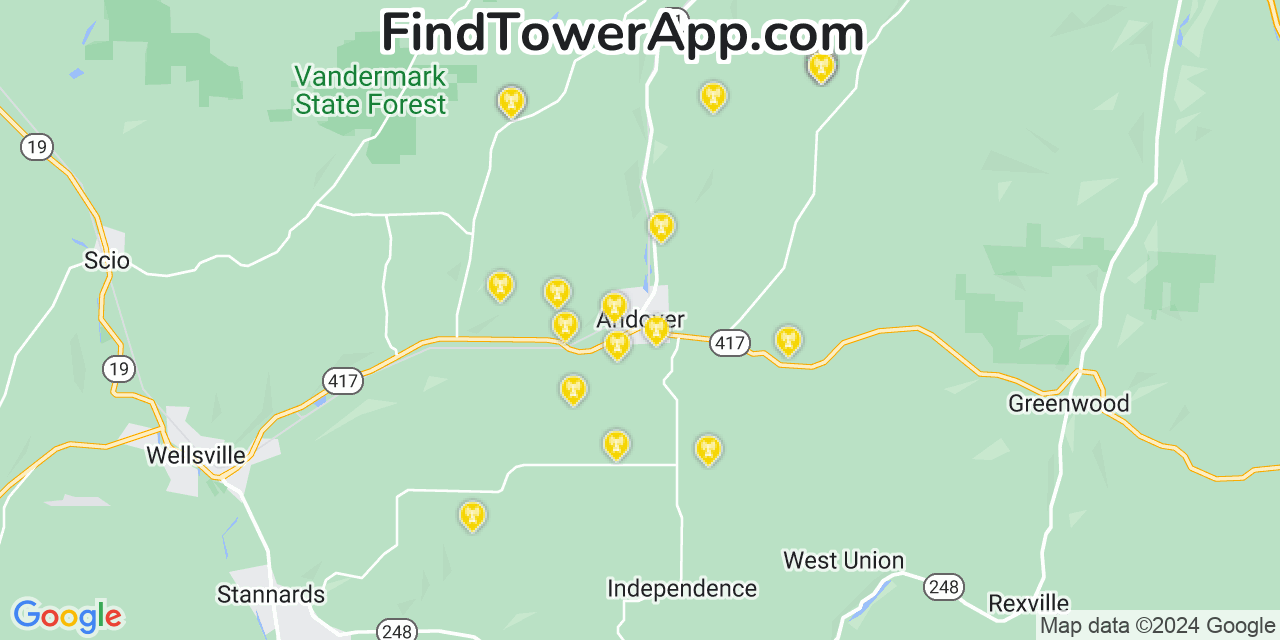 AT&T 4G/5G cell tower coverage map Andover, New York