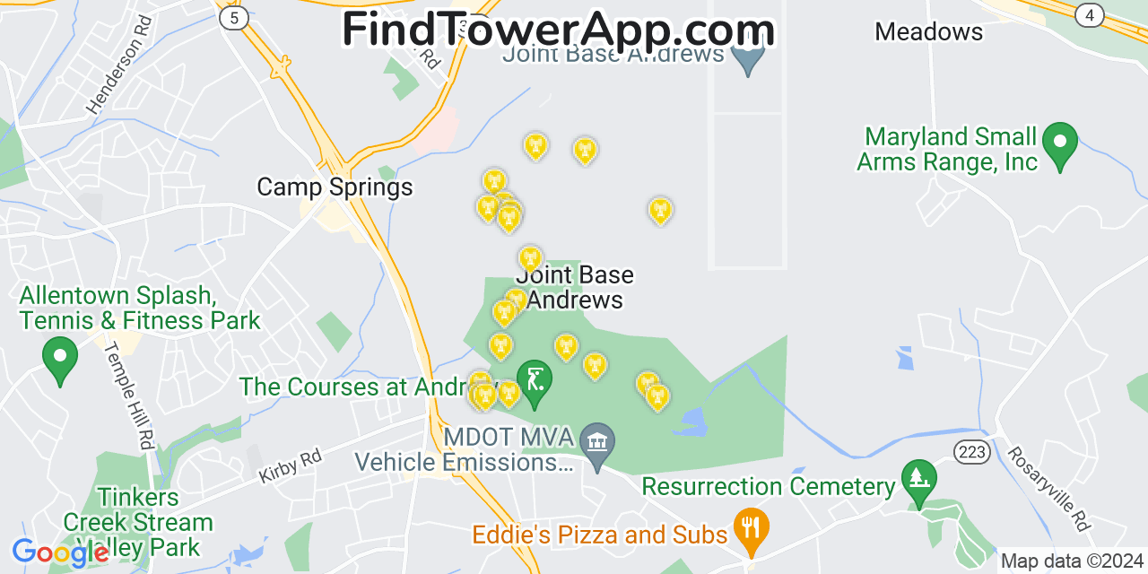 AT&T 4G/5G cell tower coverage map Andrews AFB, Maryland