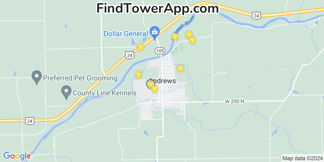 AT&T 4G/5G cell tower coverage map Andrews, Indiana