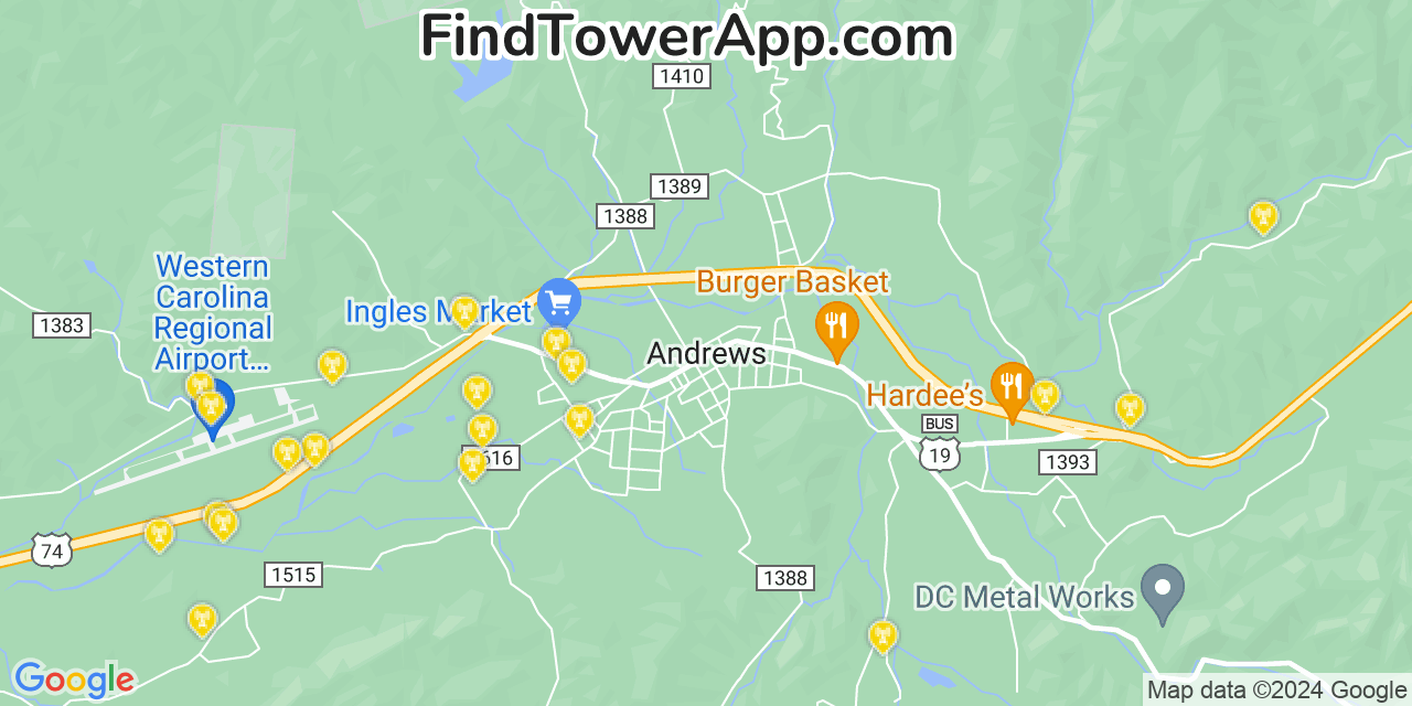 AT&T 4G/5G cell tower coverage map Andrews, North Carolina