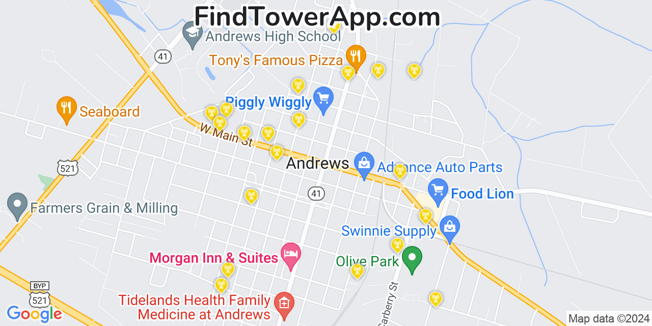 AT&T 4G/5G cell tower coverage map Andrews, South Carolina