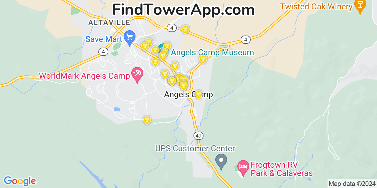 AT&T 4G/5G cell tower coverage map Angels Camp, California