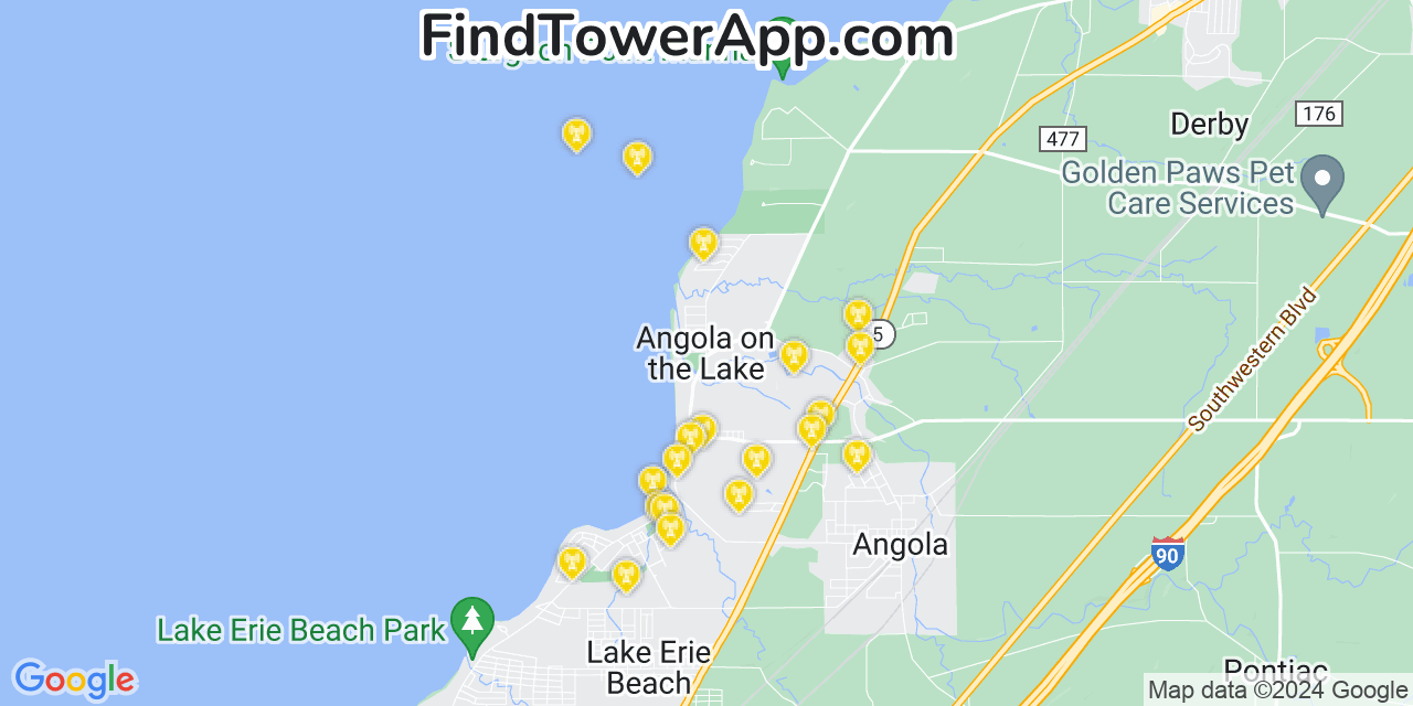 AT&T 4G/5G cell tower coverage map Angola on the Lake, New York