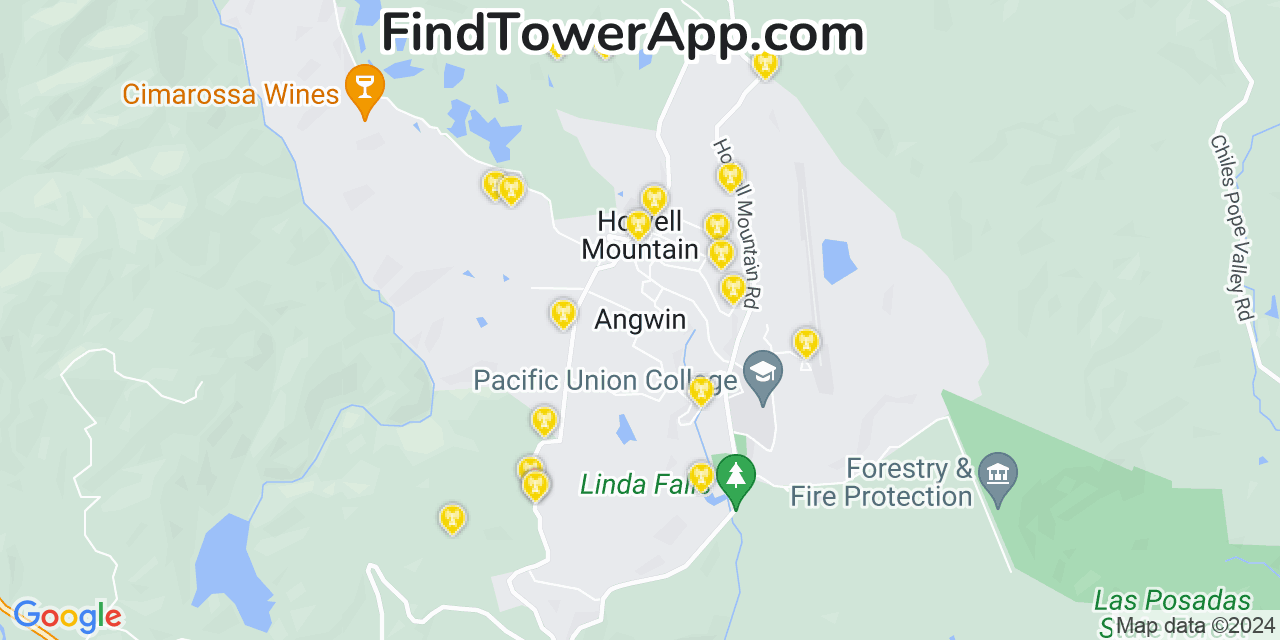 AT&T 4G/5G cell tower coverage map Angwin, California