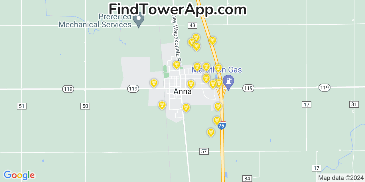 AT&T 4G/5G cell tower coverage map Anna, Ohio