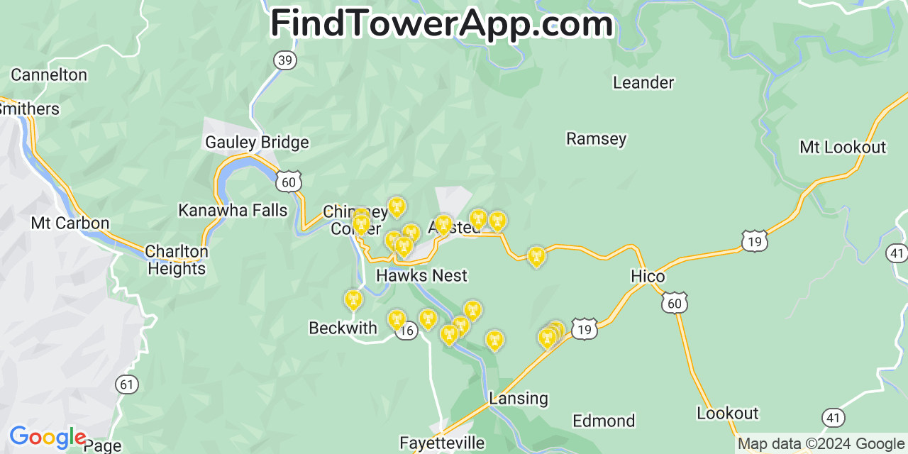 AT&T 4G/5G cell tower coverage map Ansted, West Virginia