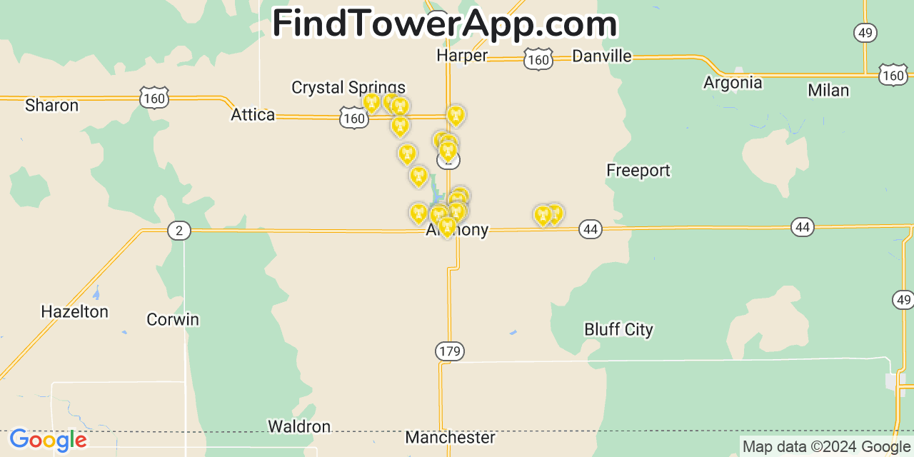 AT&T 4G/5G cell tower coverage map Anthony, Kansas