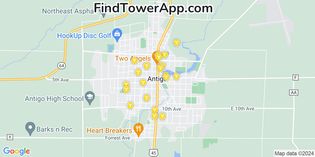 AT&T 4G/5G cell tower coverage map Antigo, Wisconsin