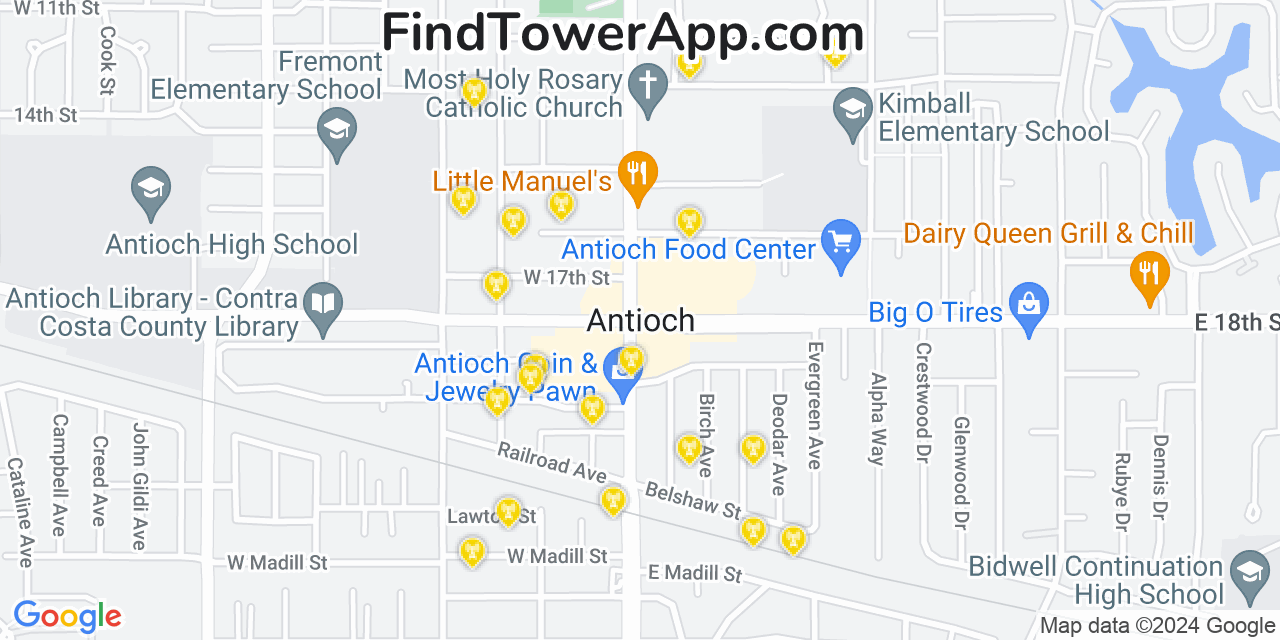 AT&T 4G/5G cell tower coverage map Antioch, California