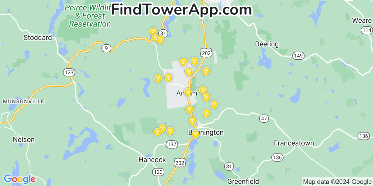 AT&T 4G/5G cell tower coverage map Antrim, New Hampshire