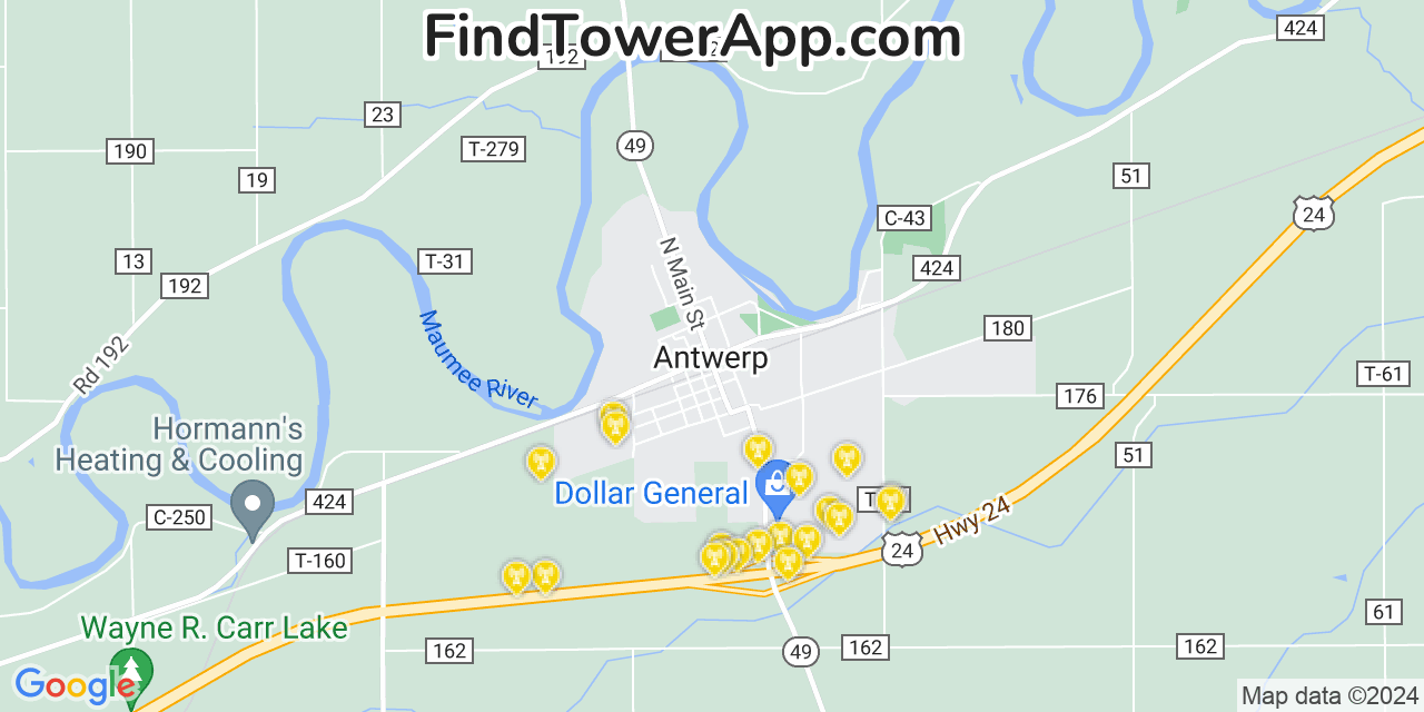 AT&T 4G/5G cell tower coverage map Antwerp, Ohio