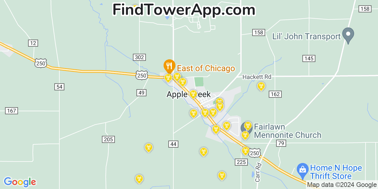 AT&T 4G/5G cell tower coverage map Apple Creek, Ohio
