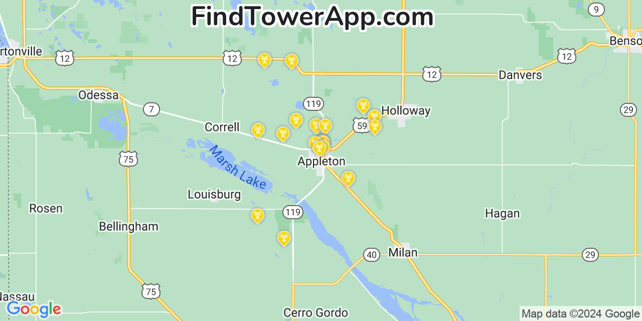 AT&T 4G/5G cell tower coverage map Appleton, Minnesota