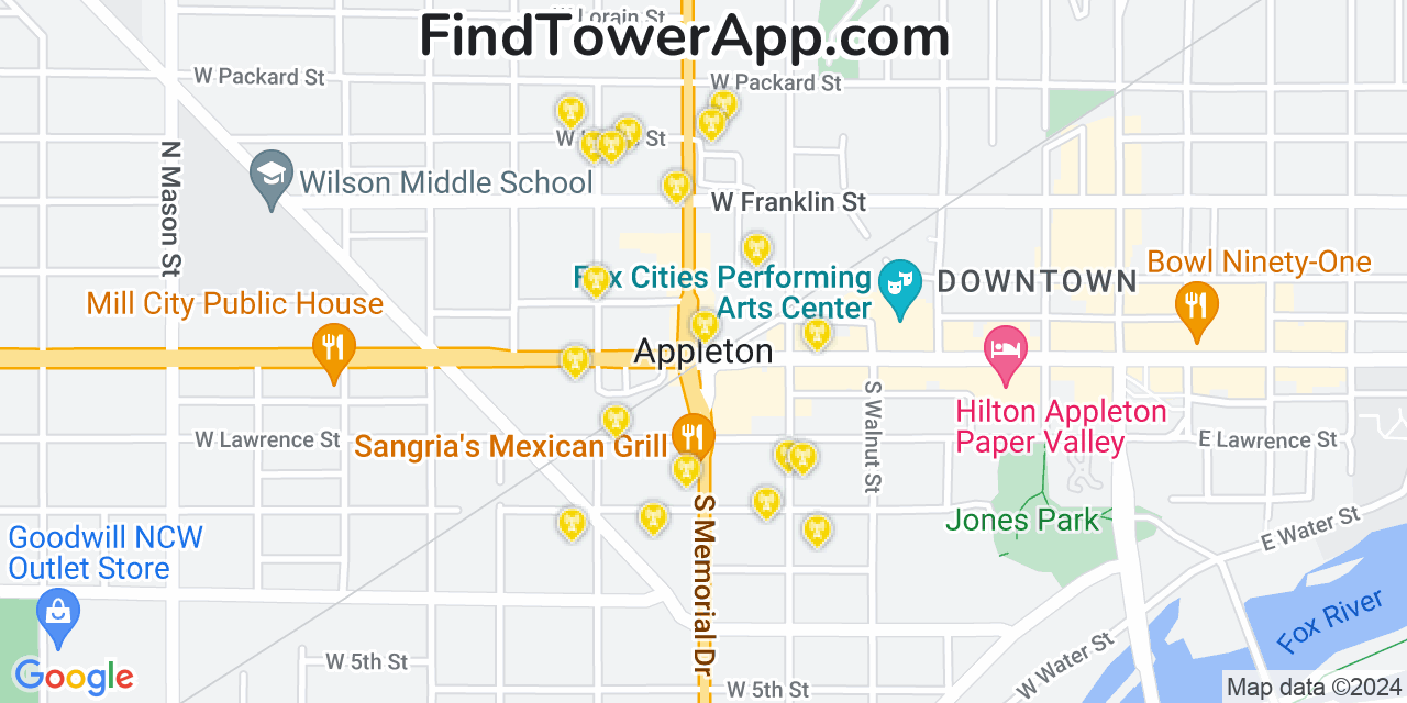 AT&T 4G/5G cell tower coverage map Appleton, Wisconsin