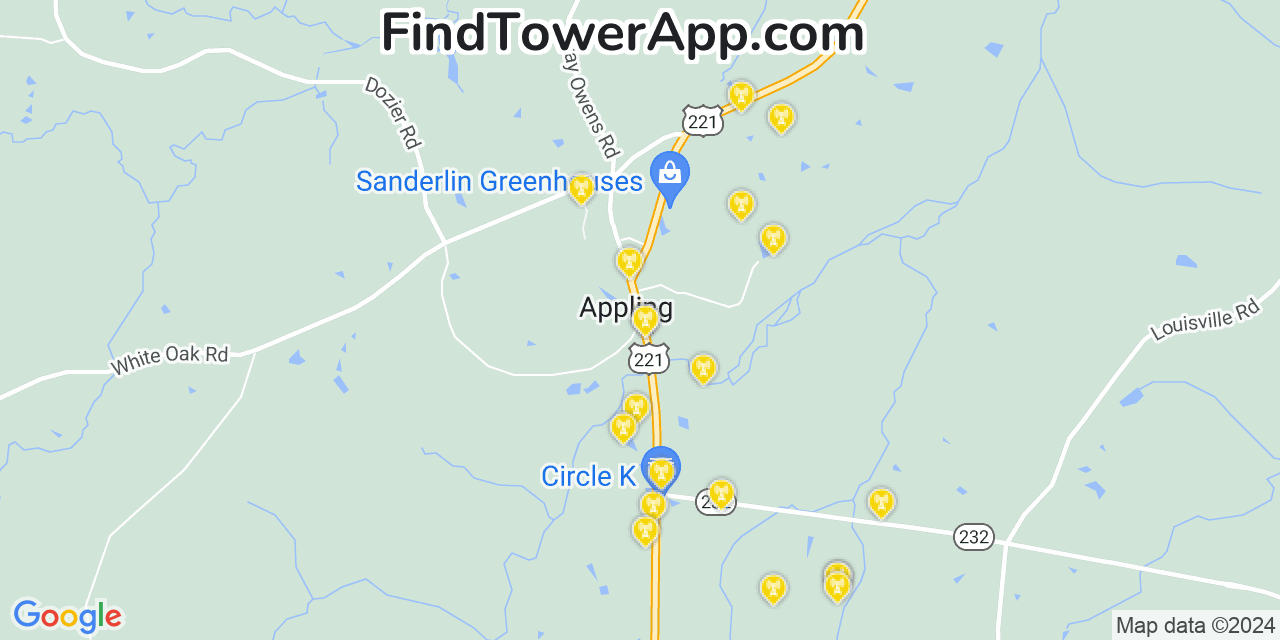 AT&T 4G/5G cell tower coverage map Appling, Georgia