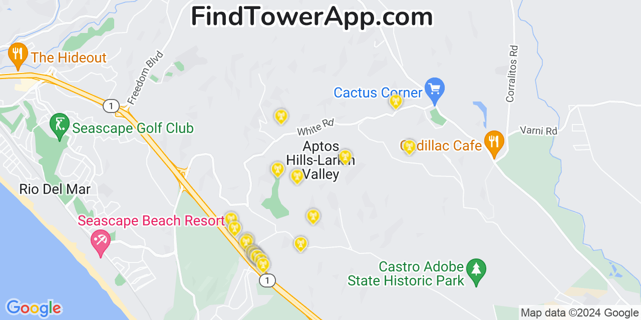 AT&T 4G/5G cell tower coverage map Aptos Hills Larkin Valley, California