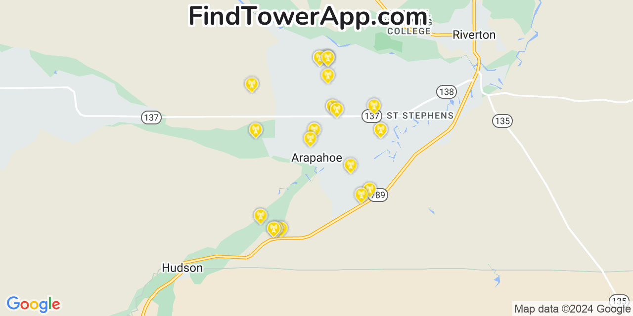 AT&T 4G/5G cell tower coverage map Arapahoe, Wyoming