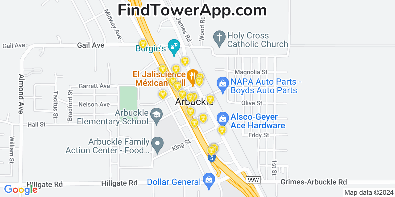 AT&T 4G/5G cell tower coverage map Arbuckle, California