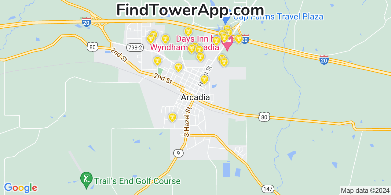 AT&T 4G/5G cell tower coverage map Arcadia, Louisiana