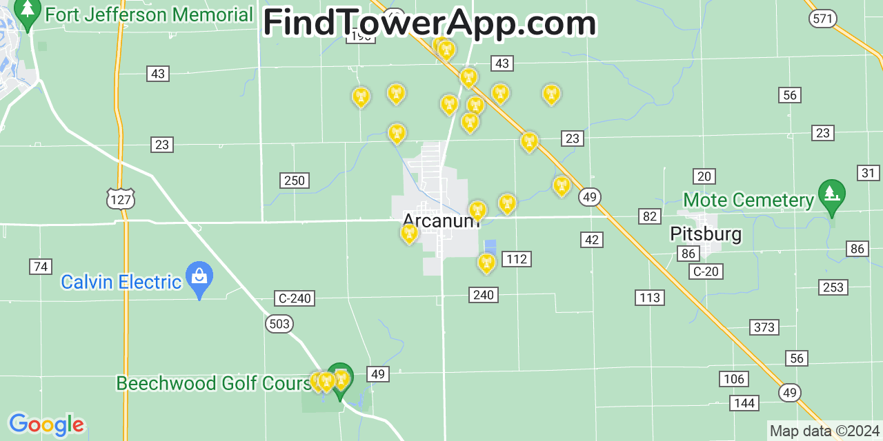 AT&T 4G/5G cell tower coverage map Arcanum, Ohio