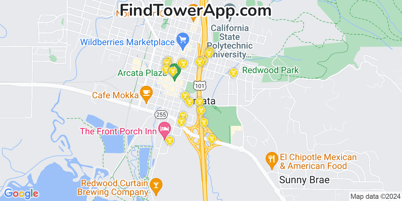 AT&T 4G/5G cell tower coverage map Arcata, California