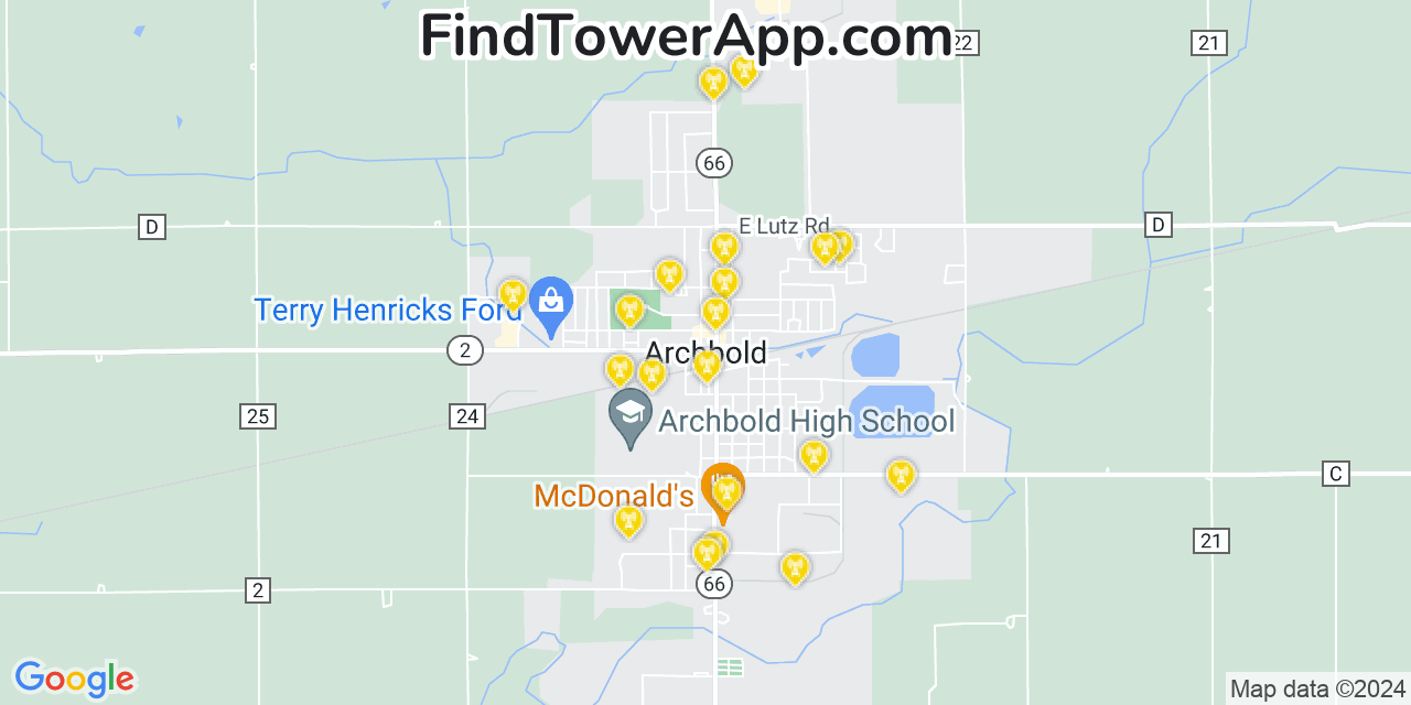 AT&T 4G/5G cell tower coverage map Archbold, Ohio