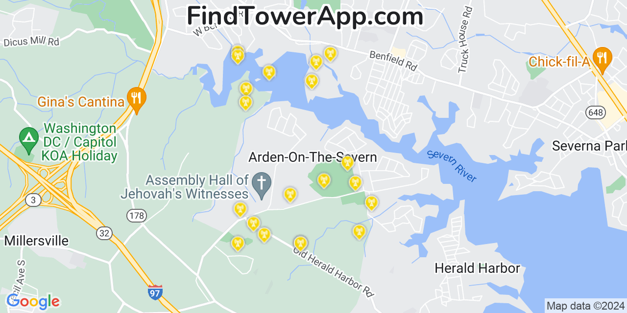 AT&T 4G/5G cell tower coverage map Arden on the Severn, Maryland