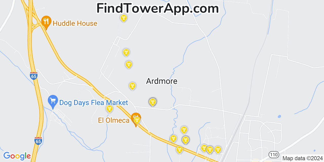 AT&T 4G/5G cell tower coverage map Ardmore, Tennessee