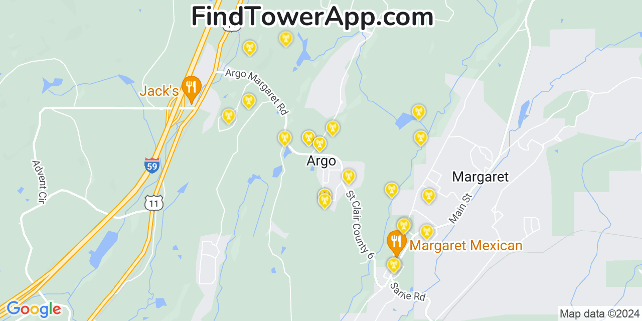 AT&T 4G/5G cell tower coverage map Argo, Alabama