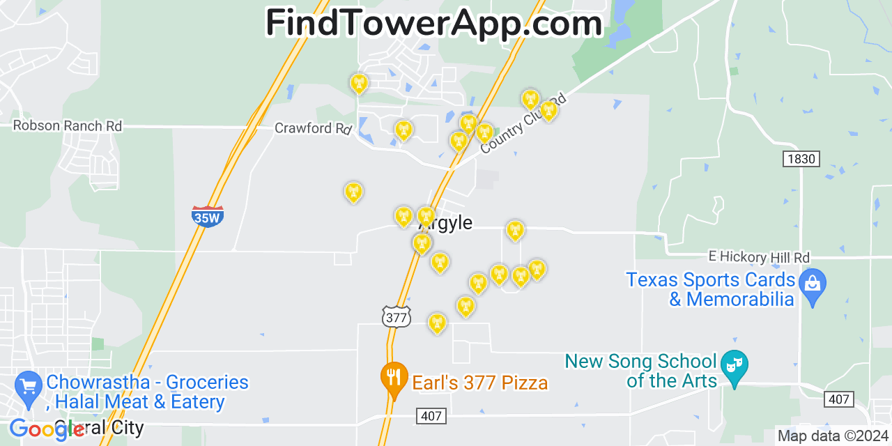 AT&T 4G/5G cell tower coverage map Argyle, Texas