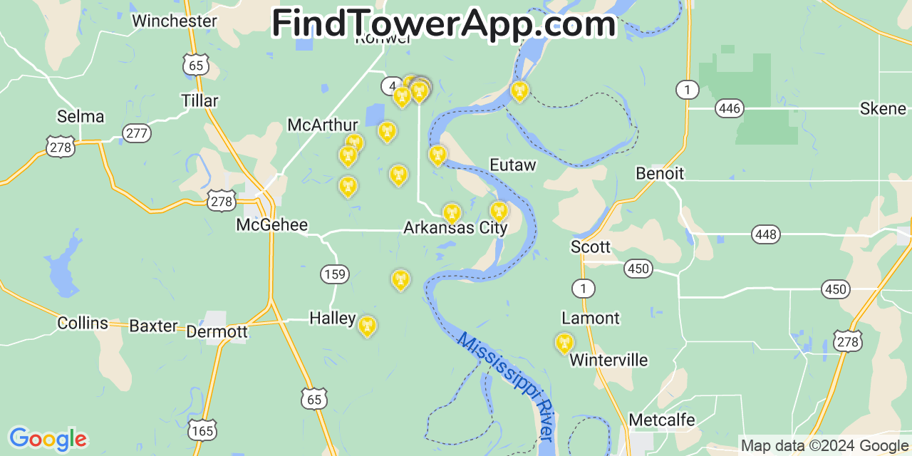 AT&T 4G/5G cell tower coverage map Arkansas City, Arkansas