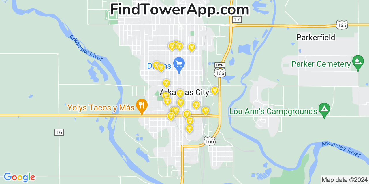 AT&T 4G/5G cell tower coverage map Arkansas City, Kansas