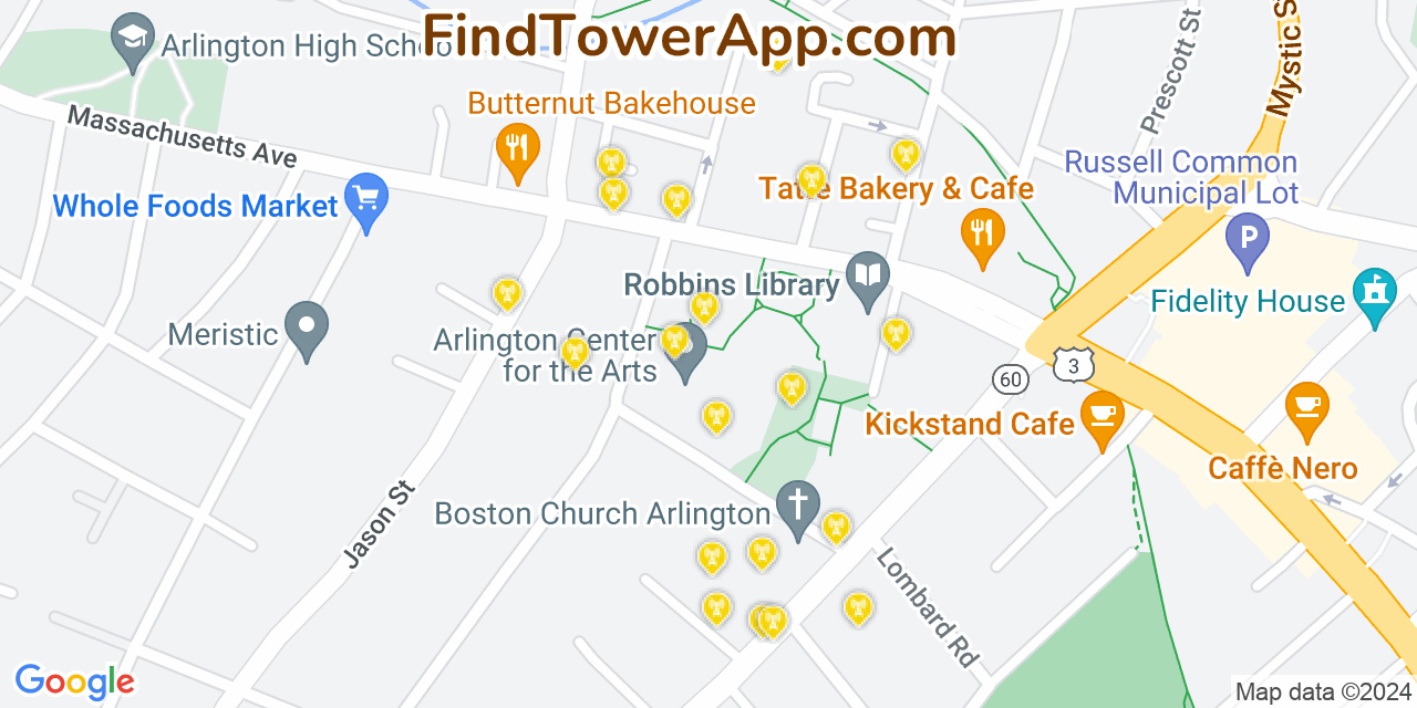 AT&T 4G/5G cell tower coverage map Arlington, Massachusetts