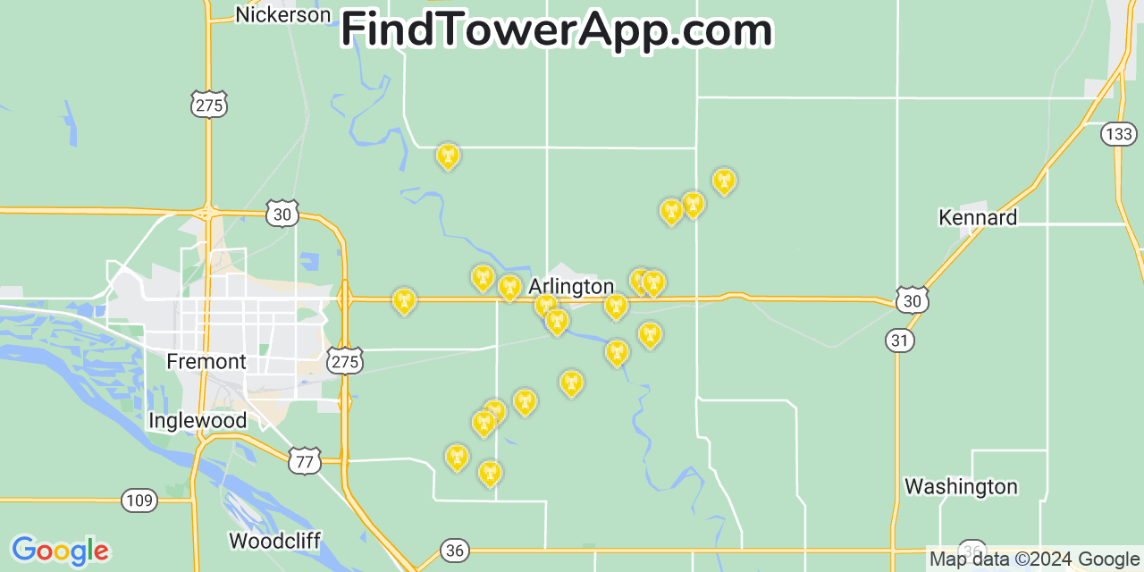 AT&T 4G/5G cell tower coverage map Arlington, Nebraska