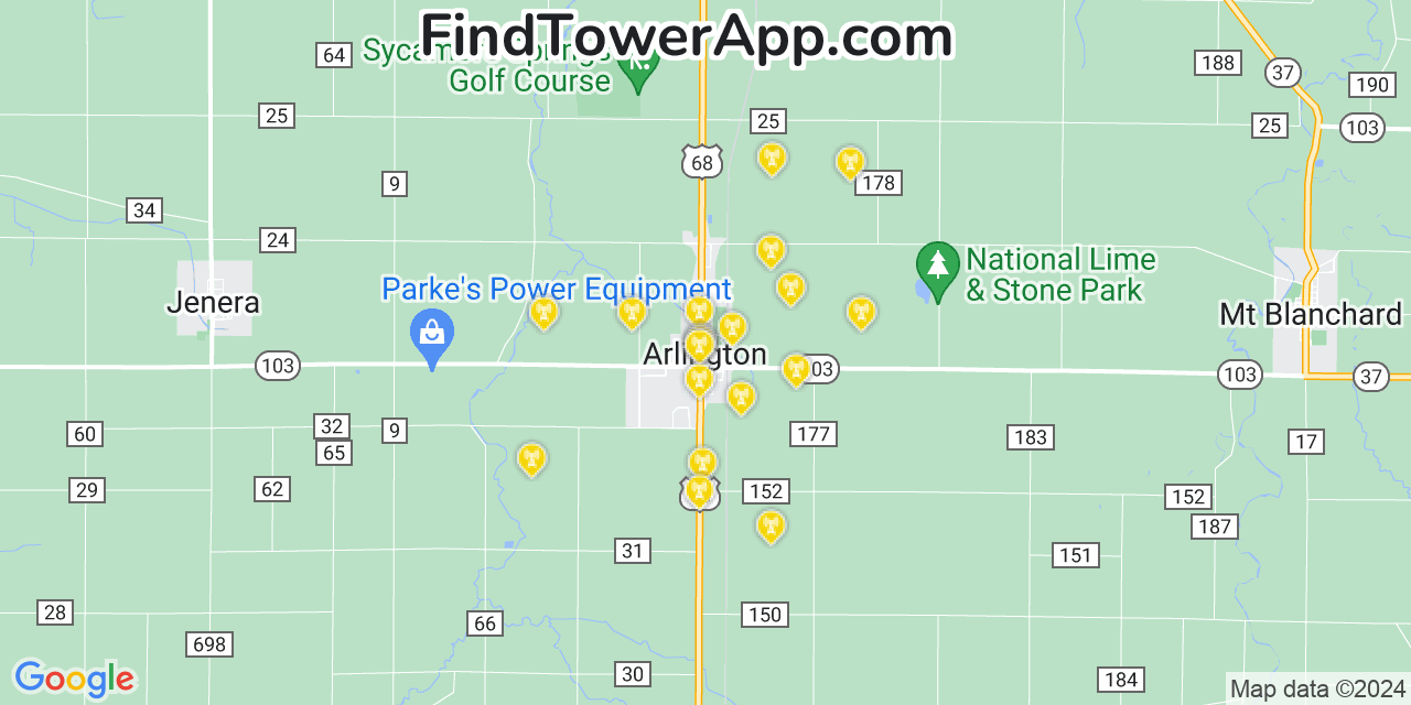 AT&T 4G/5G cell tower coverage map Arlington, Ohio