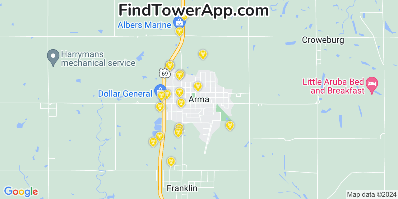 Verizon 4G/5G cell tower coverage map Arma, Kansas