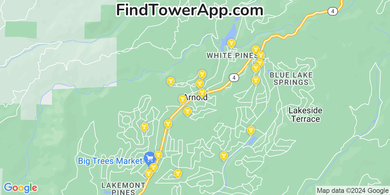 T-Mobile 4G/5G cell tower coverage map Arnold, California