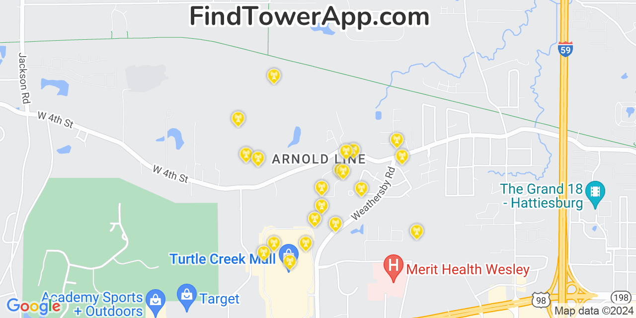 AT&T 4G/5G cell tower coverage map Arnold Line, Mississippi