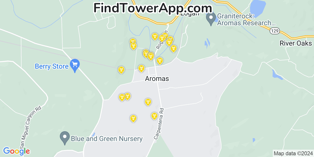 AT&T 4G/5G cell tower coverage map Aromas, California