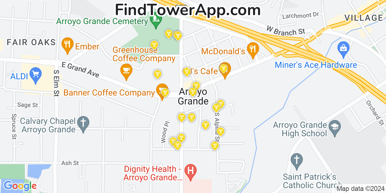 AT&T 4G/5G cell tower coverage map Arroyo Grande, California
