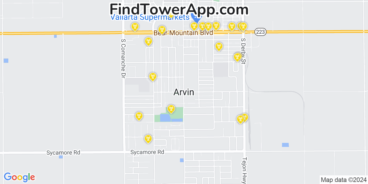 AT&T 4G/5G cell tower coverage map Arvin, California