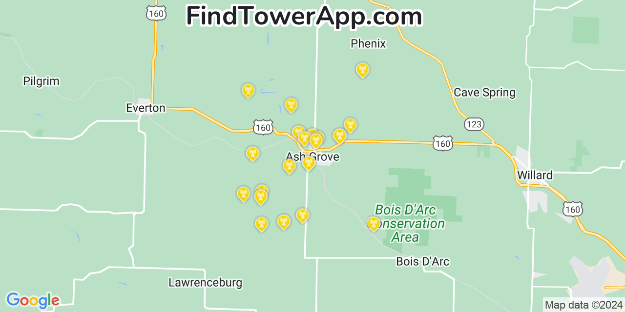 AT&T 4G/5G cell tower coverage map Ash Grove, Missouri