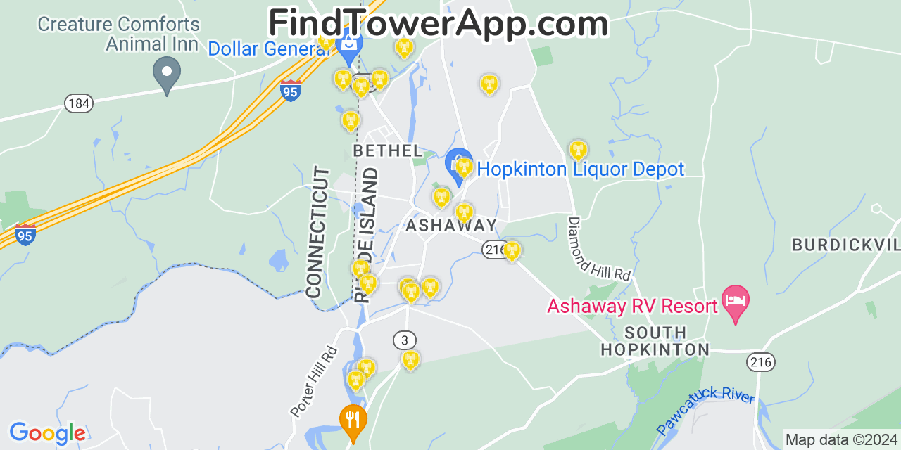 AT&T 4G/5G cell tower coverage map Ashaway, Rhode Island