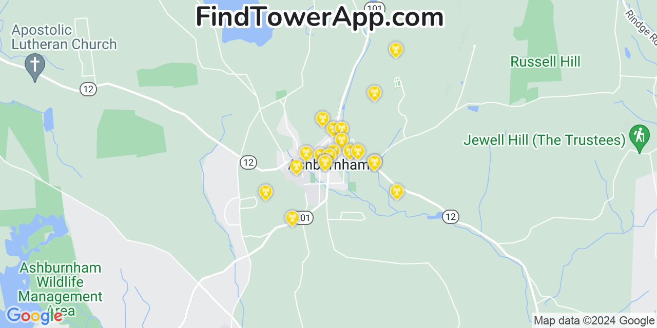 AT&T 4G/5G cell tower coverage map Ashburnham, Massachusetts