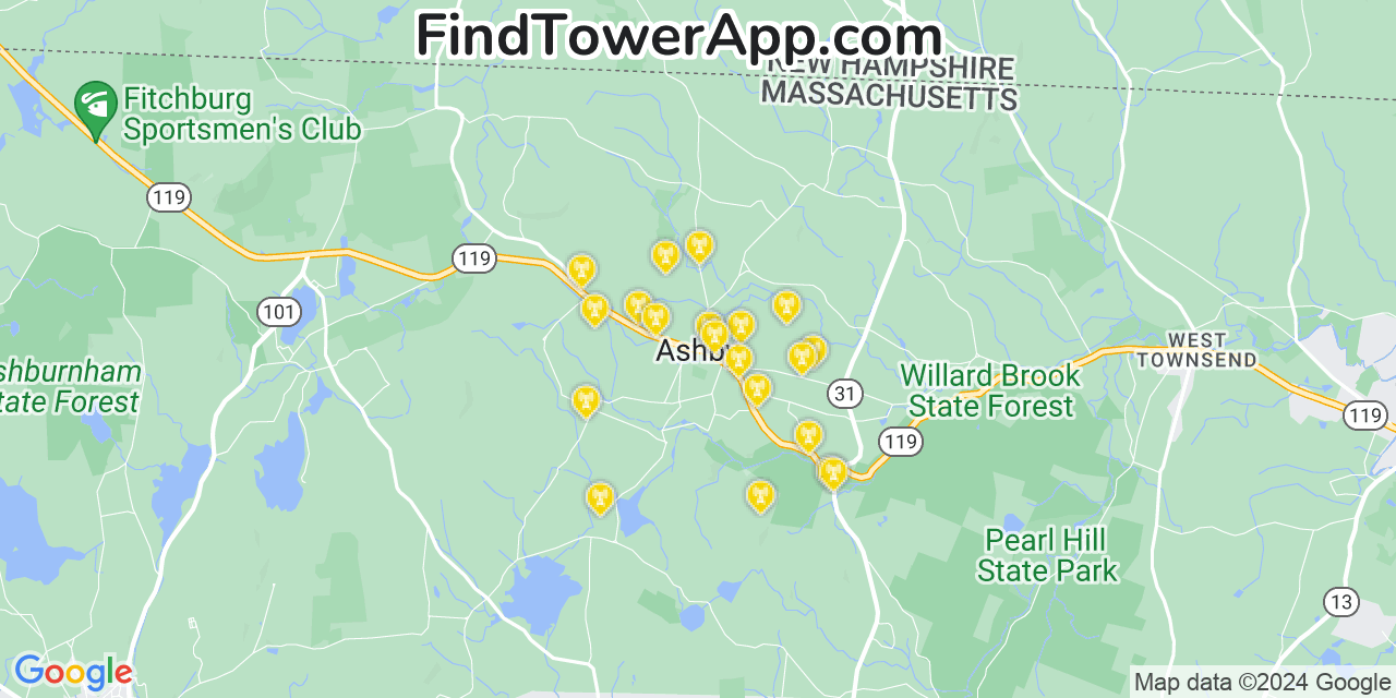 AT&T 4G/5G cell tower coverage map Ashby, Massachusetts