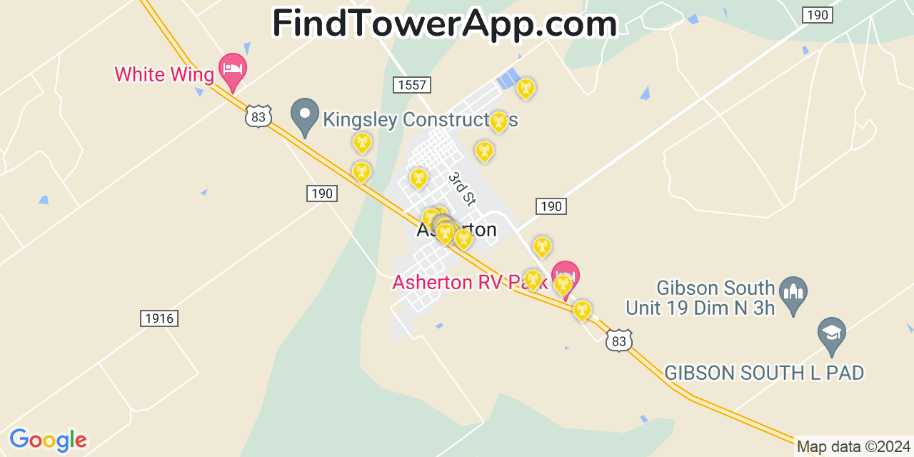 AT&T 4G/5G cell tower coverage map Asherton, Texas